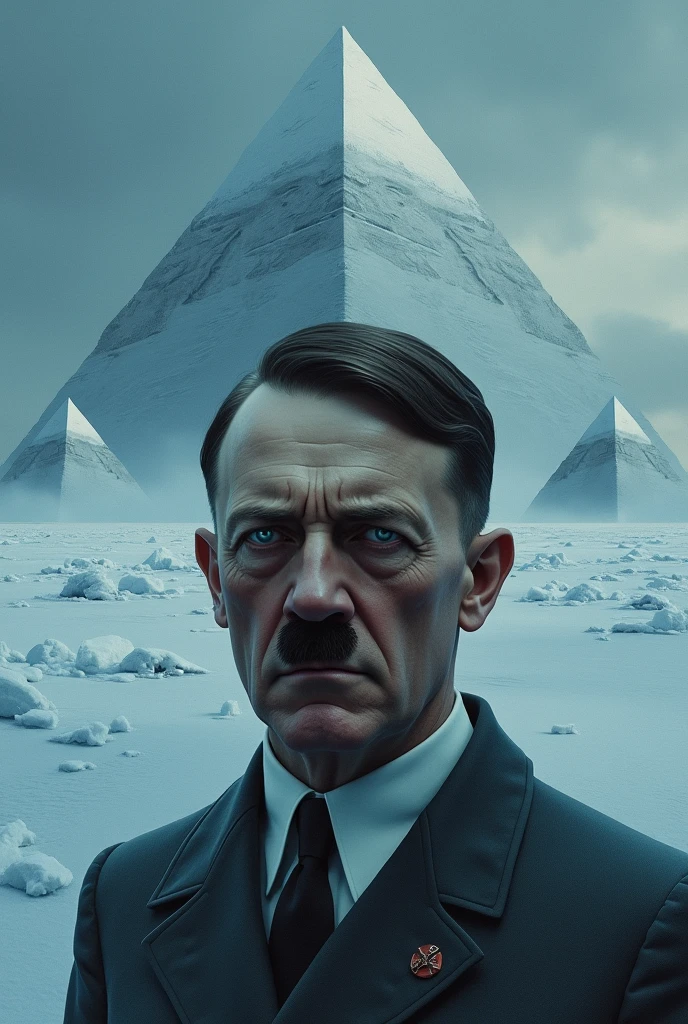 Hitler with black eyes.
In the background, Antarctica with pyramids
( needs to have color, the background with blue colors)