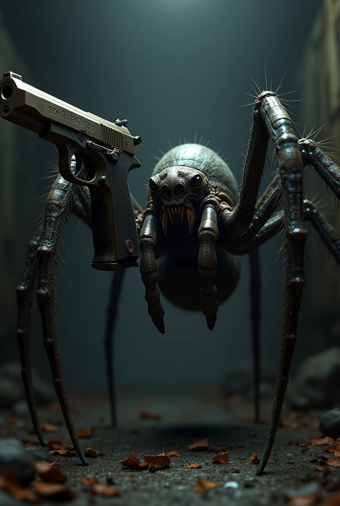 A spider has a gun in its hand