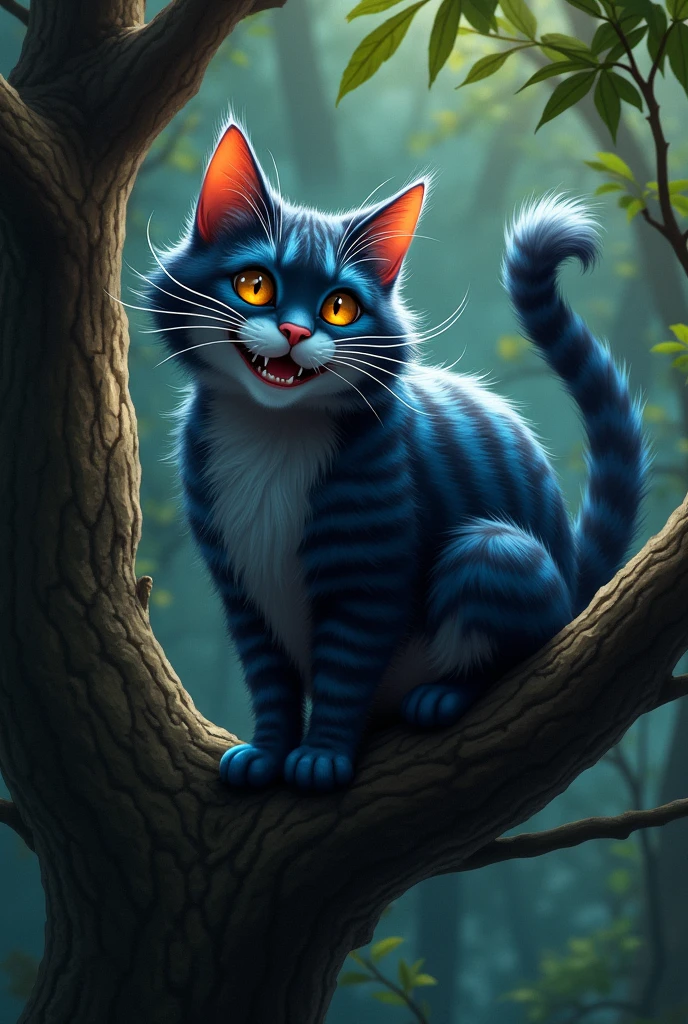 Illustrate a cat closely resembling the Cheshire Cat from the 'Alice in Wonderland' film adaptation, but with a realistic touch. The cat should have a broad, enigmatic grin and large, expressive eyes that are slightly otherworldly, yet more grounded in reality. Its fur is thick and lush, with a mix of dark gray and electric blue stripes that appear naturally blended, giving the cat a slightly mystical yet believable appearance. The cat’s body is muscular and well-proportioned, with a sleek, glossy coat that catches the light. It’s perched confidently on a sturdy, ancient tree branch, with one paw resting casually and its tail curled gracefully around the branch. The tree itself is rugged and gnarled, with a rough texture and deep grooves in the bark. The forest backdrop is dense and shadowy, with soft, dappled light filtering through the leaves, creating a mysterious, almost magical atmosphere. The cat’s eyes should reflect this light, adding a subtle glow that hints at its uncanny nature.