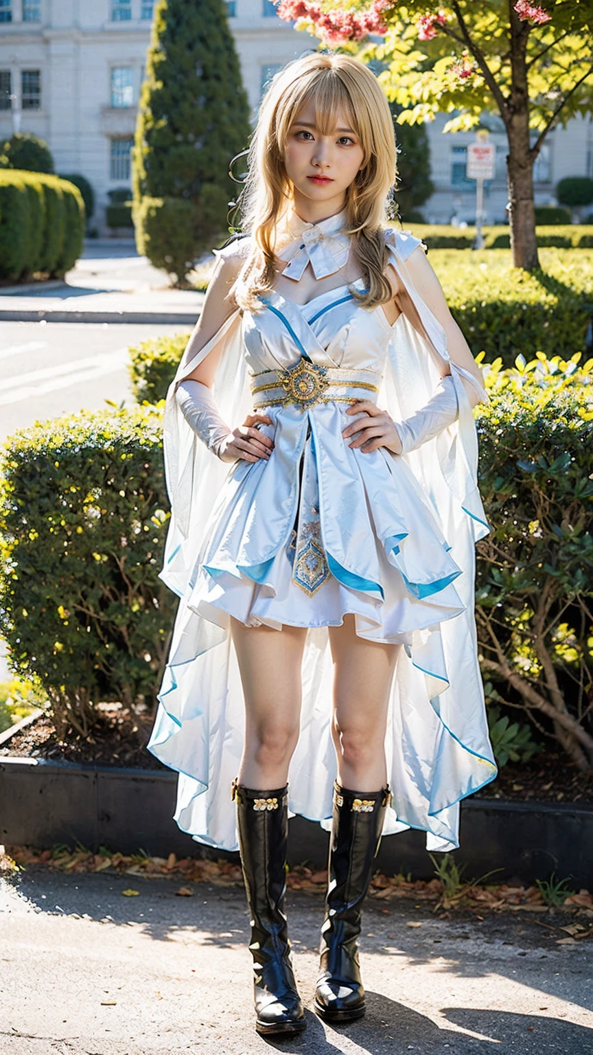 (8k、RAW Photos、Highest quality、masterpiece:1.2)、(Realistic、Realistic)、1 girl、((Blonde、White and light blue、garden、Frills、Cape、mini skirt、Thin legs、whole body、boots、View from the front、Looking into the camera、Stand with hands on hips))、cute