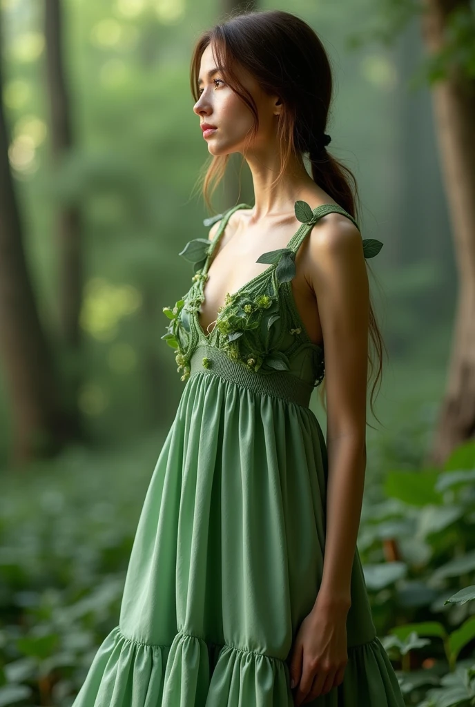 Summer Deforestation: In summer, Deforestation can aggravate forest fires due to high temperatures and droughts, resulting in habitat loss and increased CO₂ emissions creates a model posing in this themed clothing light green delicate full body dress