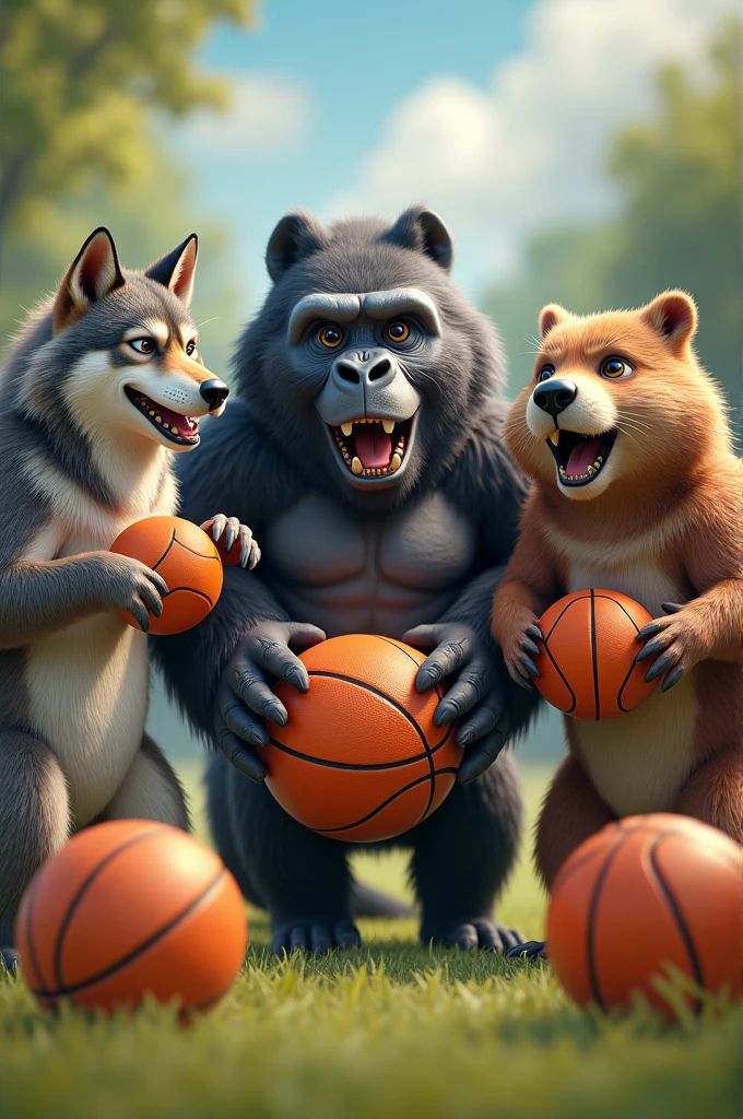 lobos, gorillas and beavers, united and happy playing with basketballs and soccer balls