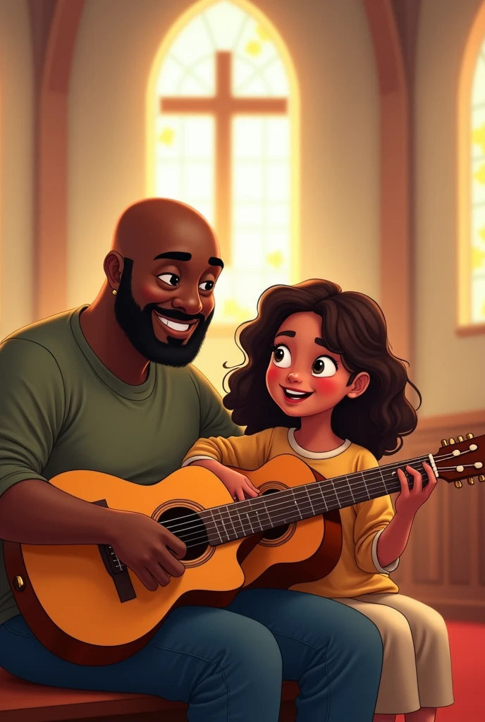Black chubby bald man playing guitar with his 17 year old daughter with brown skin and medium hair with waves also playing guitar cartoon style they are sitting in church