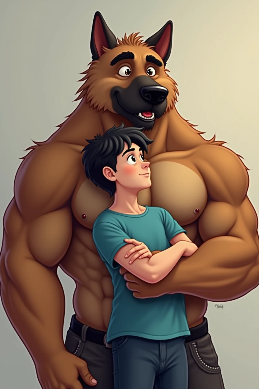 Big Men, men furry design character, furry German shepherd dog, he has big muscles, his body is big and buff, he has beard, dad, daddy, the character Is a Boyfriend, he Is kissing a boy, the boy has black hair and a blue t-shirt, the character hugs the boy