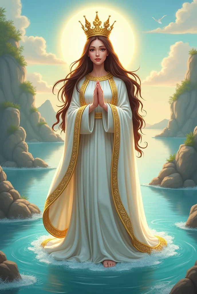 animated illustration, Virgin of the valley of Venezuela , with royal style crown, with brown hair, white dress and gold details, at sea , with praying hands