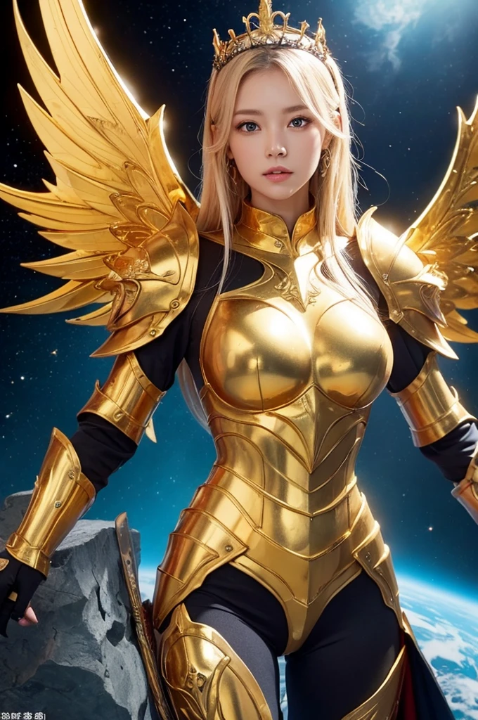Ultra HD、Ultra-clear、Beautiful Face、Covered entirely in golden armor、Holy warrior in golden armor、Mechanical Golden Wings、Golden Tiara、Golden armor covered in sculptures、Dragon-inspired armor、Heavy golden armor、blue eyes、Blonde short、Big Breasts、beautiful sword、Outer space background、