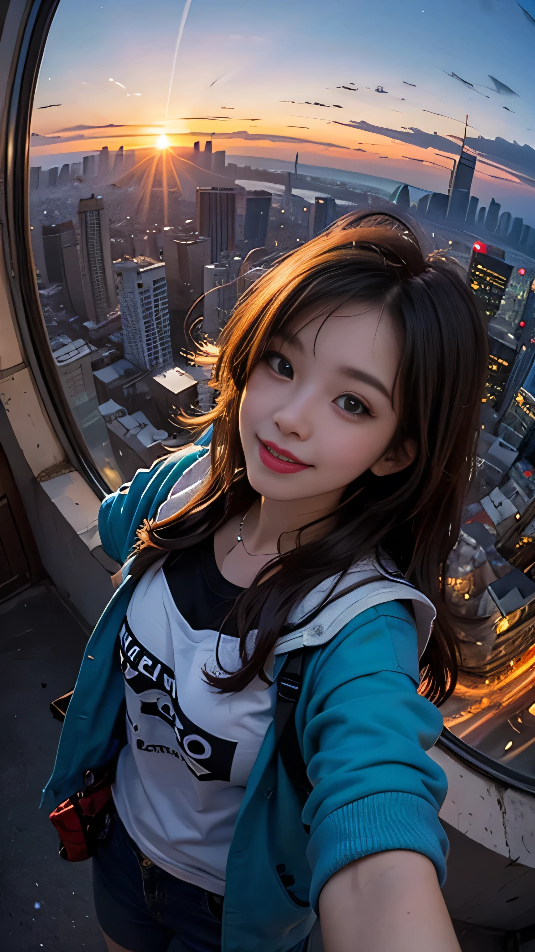 One girl, Korean, Fisheye Lens, Selfie, Wind, Messy Hair, sunset, Cityscape, (Aesthetics and atmosphere:1.2),smile