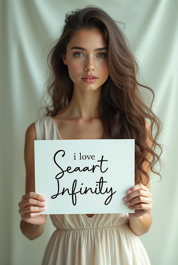 Beautiful girl with wavy long hair, bohemian dress, holding a white board with text "I Love Seaart Infinity" and showing it to the viewer