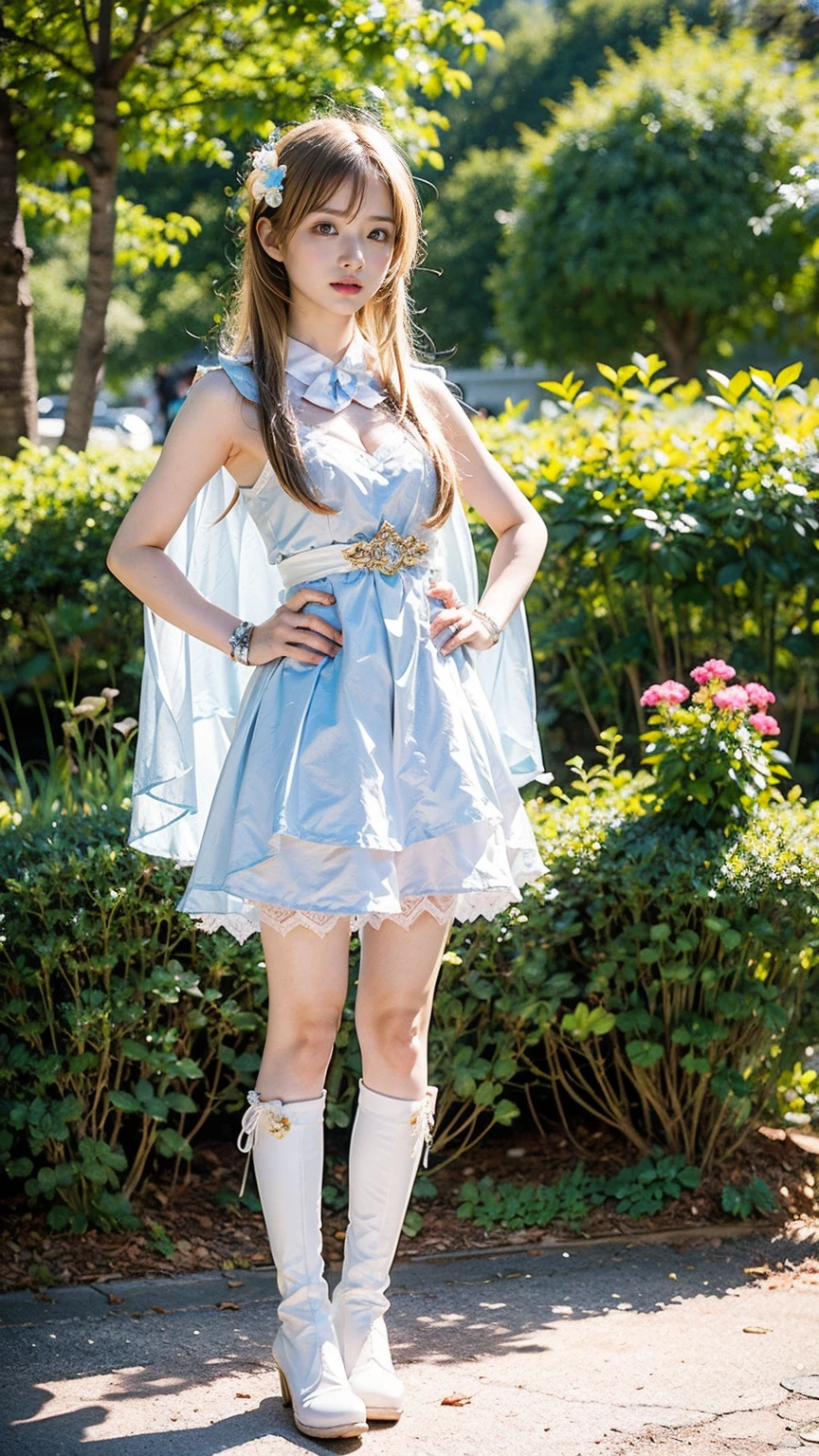 (8k、RAW Photos、Highest quality、masterpiece:1.2)、(Realistic、Realistic)、1 girl、((Blonde、White and light blue、garden、Frills、Cape、mini skirt、Thin legs、whole body、boots、View from the front、Looking into the camera、Stand with hands on hips))、cute