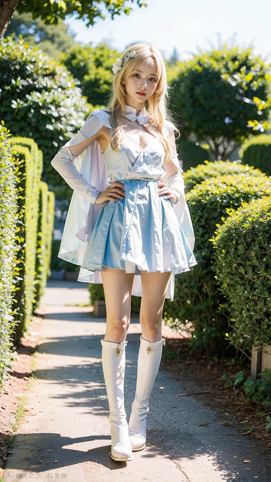 (8k、RAW Photos、Highest quality、masterpiece:1.2)、(Realistic、Realistic)、1 girl、((Blonde、White and light blue、garden、Frills、Cape、mini skirt、Thin legs、whole body、boots、View from the front、Looking into the camera、Stand with hands on hips))、cute