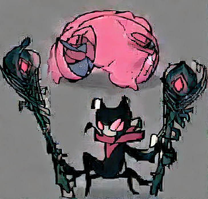 Grimm Snagglepuss, red eyes, pink fur, black cloak, looking at viewer, holding Gun, Forest