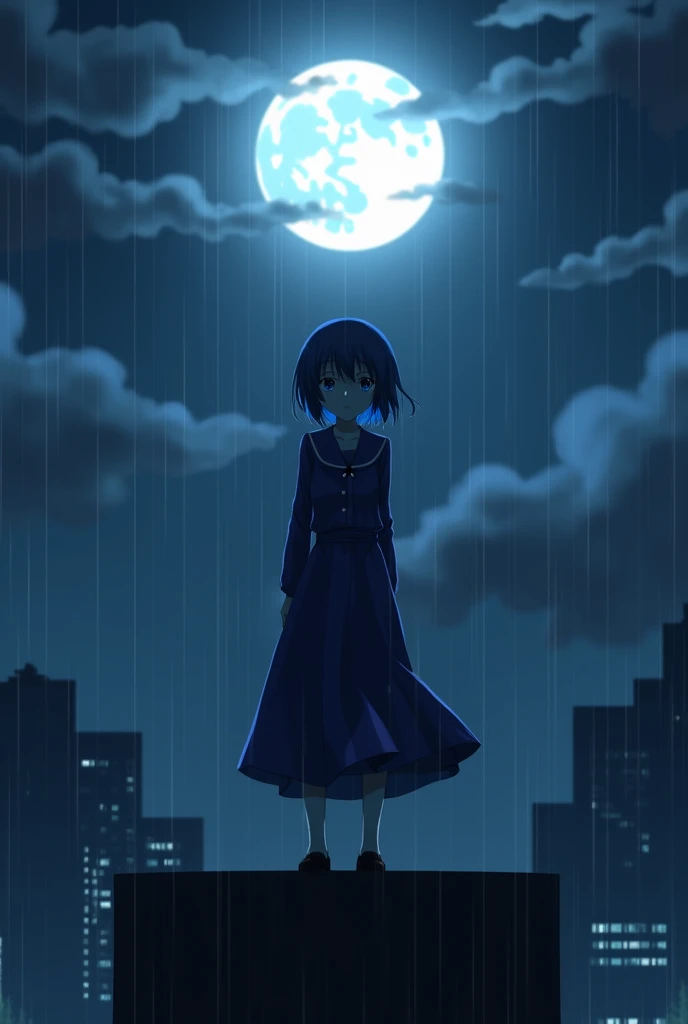 create an image of an anime girl on top of a building, with a melancholic expression on her face, short hair hiding her eyes and an long akatsuki uniform, but with blue clouds instead of red, under the heavy rain and a full moon with several clouds around