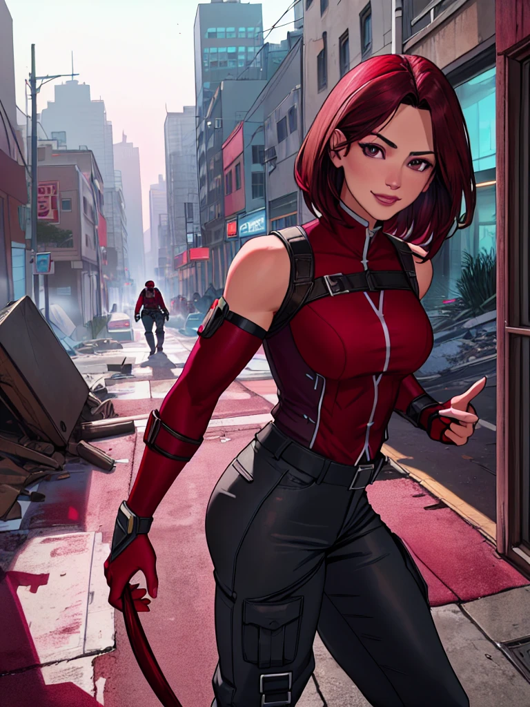 j3nn1f3rg-v1, Elektra Marvel, brown hair, smilling, Burgundy Tactical uniform. leather uniform, (tactical pants), (burgundy oants:1.5),photography,ultra details, vivid colors,light and shadows effects,, dramatic atmosphere,sharp focus, destroy city background, Sleeveless, .Burgundy sleeveless uniform, 