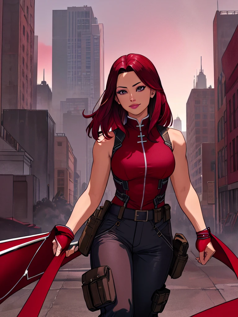 j3nn1f3rg-v1, Elektra Marvel, brown hair, smilling, Burgundy Tactical uniform. leather uniform, (tactical pants), (burgundy oants:1.5),photography,ultra details, vivid colors,light and shadows effects,, dramatic atmosphere,sharp focus, destroy city background, Sleeveless, .Burgundy sleeveless uniform, 