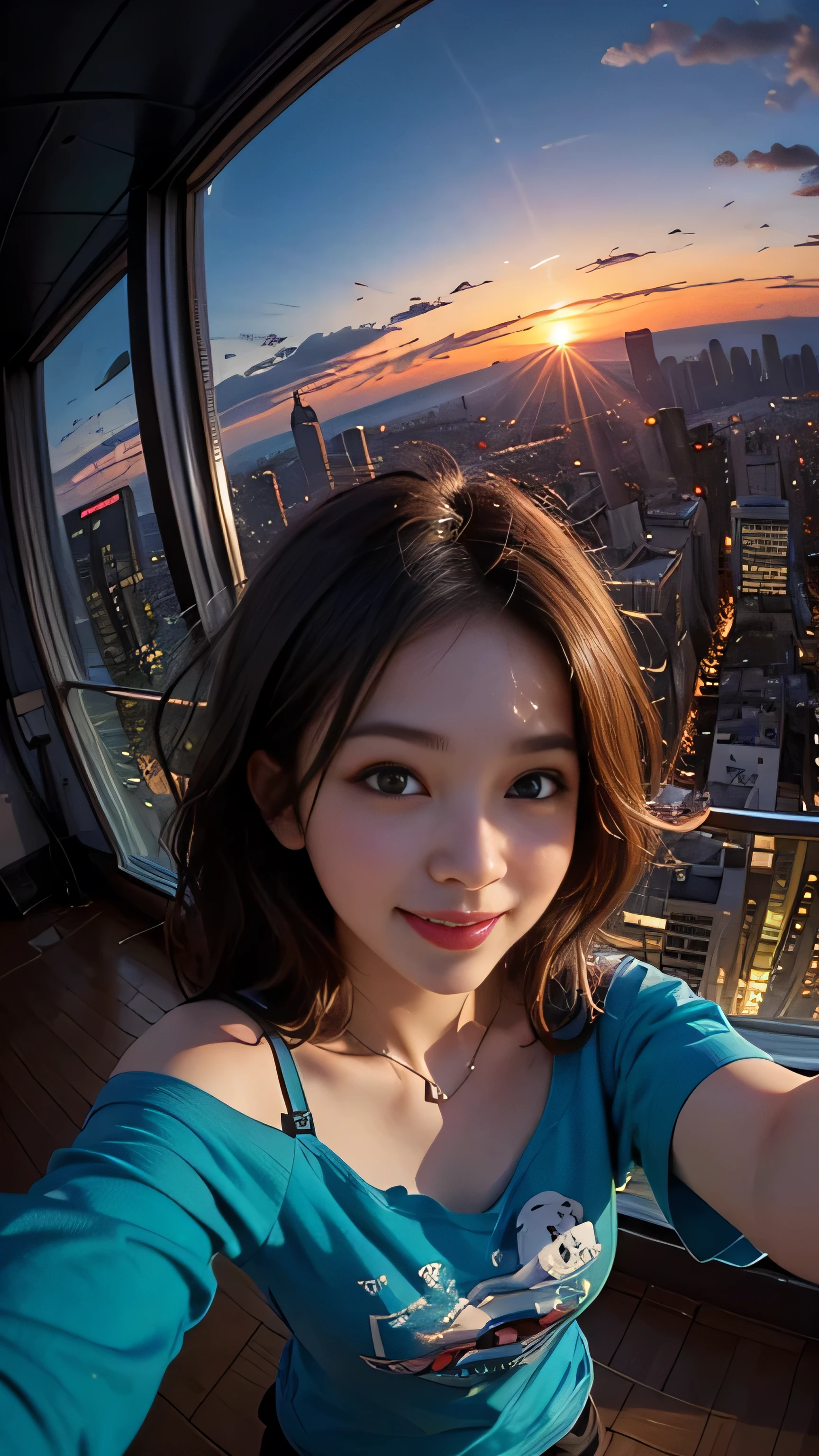 One girl, Korean, Fisheye Lens, Selfie, Wind, Messy Hair, sunset, Cityscape, (Aesthetics and atmosphere:1.2),smile