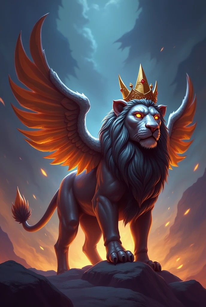 a metal winged lion with a crown, hearthstone art style, hearthstone art style, Hearthstone style art, hearthstone concept art, Riot game concept art, 2 feet standed lion, standed left profile shot, style of league of legends, iconic character splash art, league of legends champion, ultra high resolution, 4k, theatrical lighting, poster, full shot