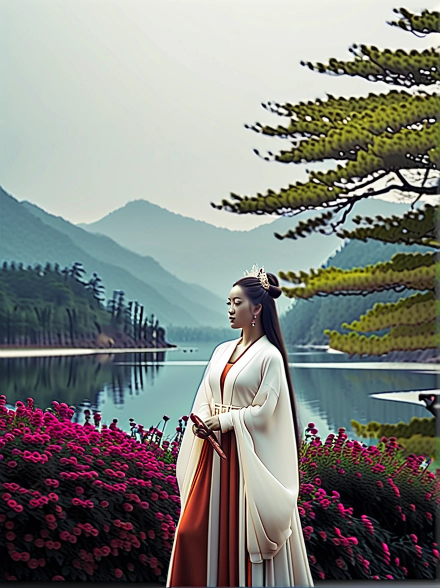 Whimsical and Playful, cinematic photo ink wash painting of light hanfu,A traditional Chinese art-inspired portrait, featuring a woman in ancient Hanfu attire.  The serene landscape evokes the tranquility found in classical Chinese paintings from the Song and Ming dynasties. Complementing the scene are golden calligraphy characters and red seals,  all set within a color palette rich in soft golds, whites, and deep reds.Tilted frame, introducing a sense of tension or dynamism.,A tranquil, peaceful environment. . monochromatic, loose, fluid, expressive, delicate,colorful . 35mm photograph, film, bokeh, professional, 4k, highly detailed, imaginative, fantastical, bight colors, stylized, happy, Whimsical and Playful, big breast, wide hips, (cleavage)