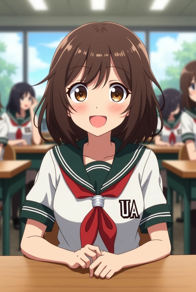 My hero academia screenshot.
Girl with medium short brown layered hair, 
with bangs. that has brown eyes and has a happy expression. She is wearing the UA uniform and in the background she has a UA school class and she is sitting at a table.
