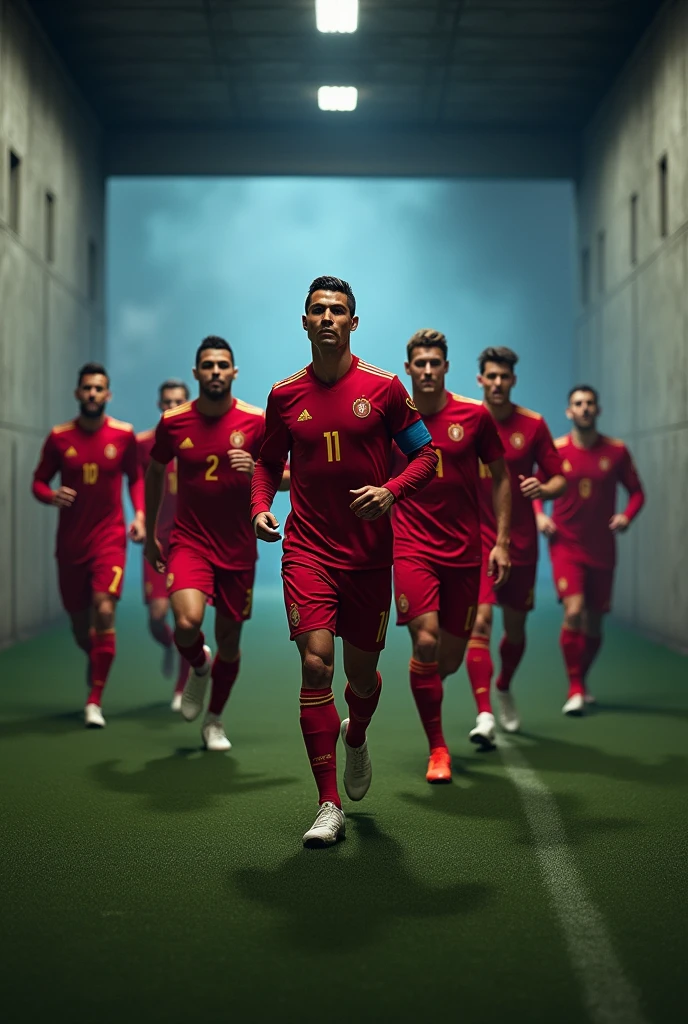Create an image of Cristiano Ronaldo and his teammates walking together