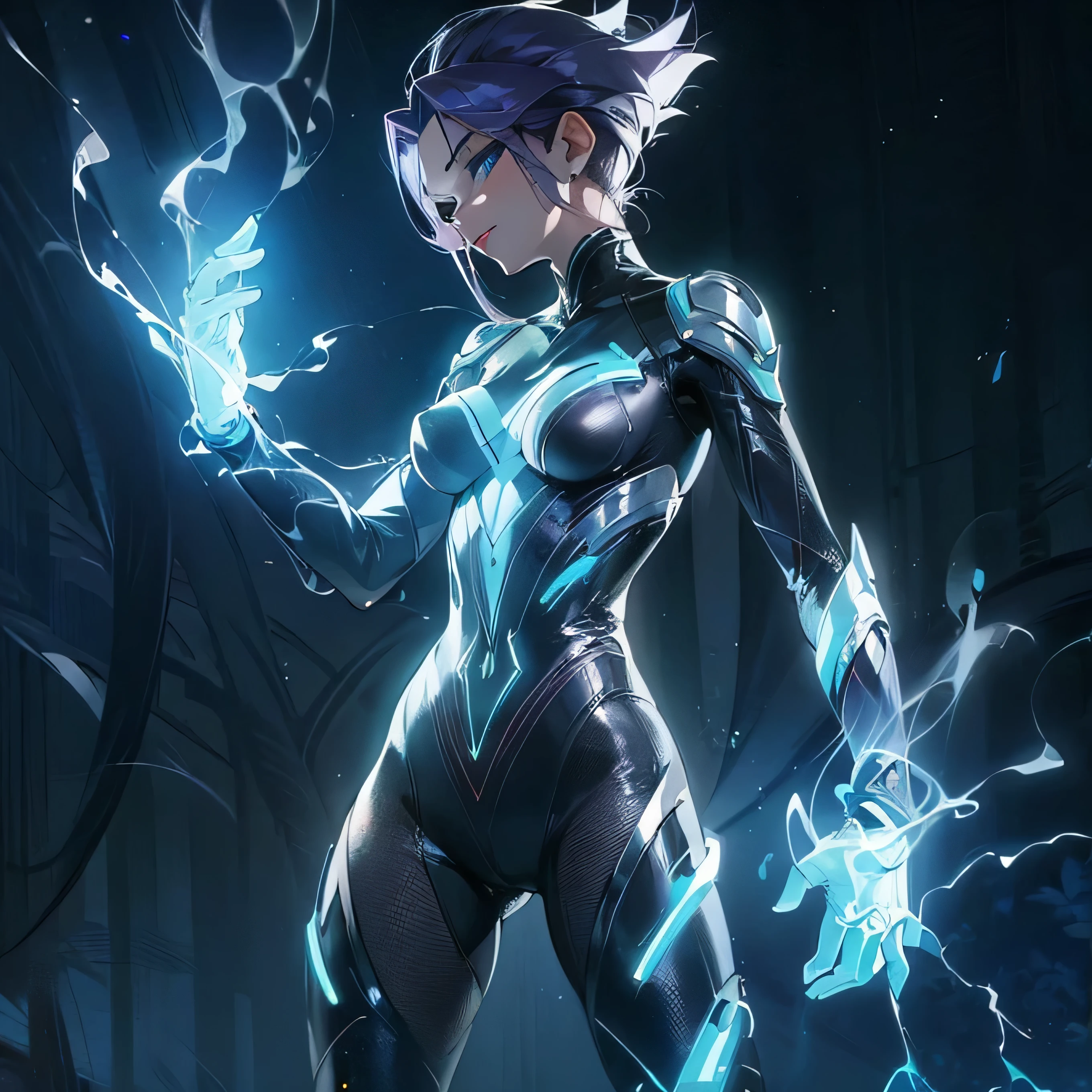 (Masterpiece), Best Quality, ultra-detailed, 1girl (jessie pokemon, Big and pretty breasts, naked body, dark skin, purple hair, hair slicked back, long hair,blue eyes, half-closed eyes), evil face,head tilt, facing viewer, looking at viewer, smirk, parted lips, mascara, full makeup, black eyeshadow, red lipstick, solo,team rocket uniform, white skirt, crop top, thighhighs, elbow gloves, in the forest, night time, standing, sexy waist teasing, from_below