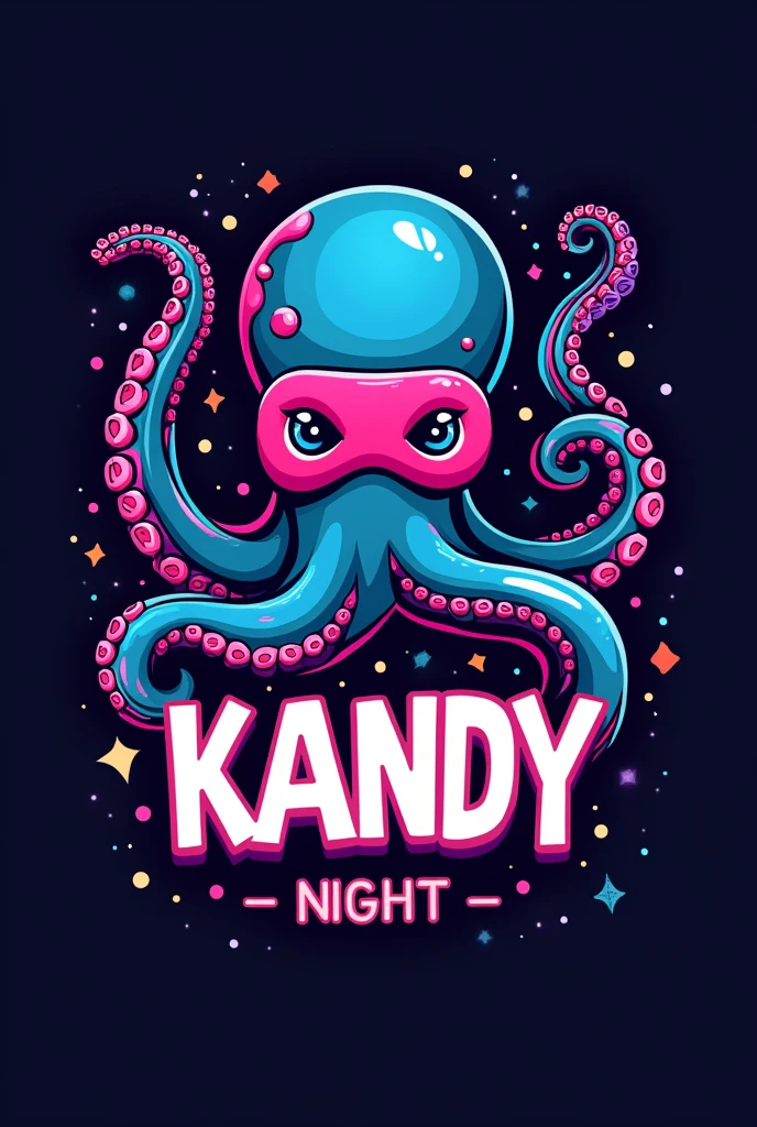 I need to generate a logo, where the main name is KANDY, It has to have an octopus above the name and have a pink mask and the rest has to be colorful. It's for a company that is busy at night.,