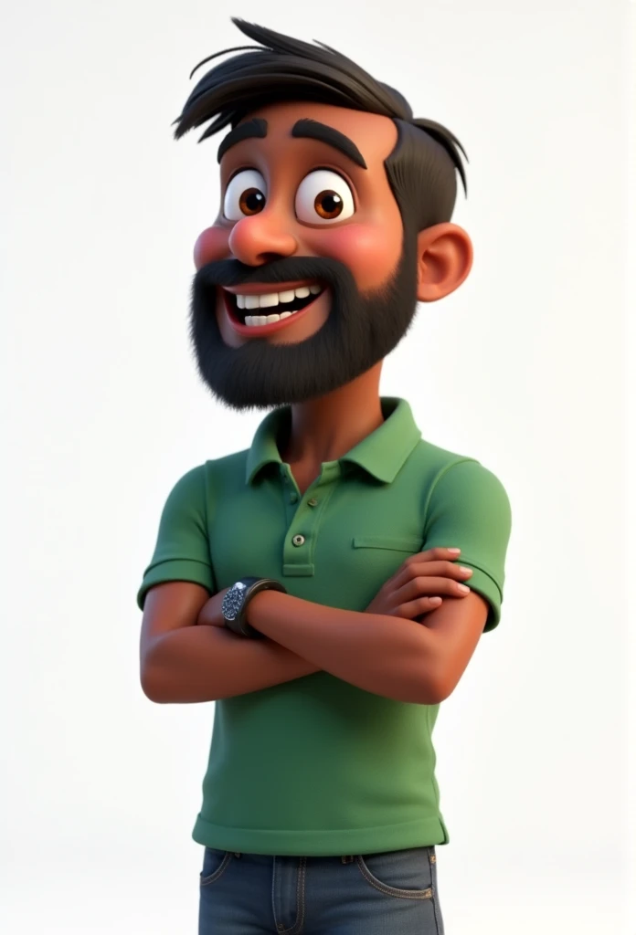 characteristics of a 3D pixar man, with a beard and mustache, a slightly round face, with low thinning hair, dark skin color, a slightly large cheek measuring six feet tall, wearing a green polo shirt and jeans, with arms crossed, and smiling