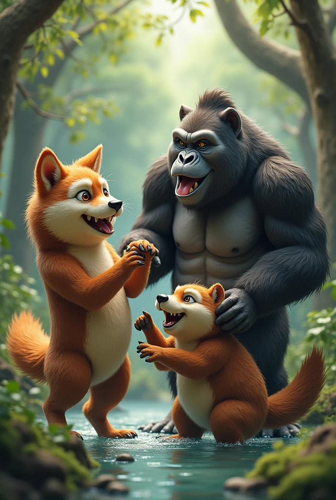 lobos, gorillas and beavers, united and happy playing
