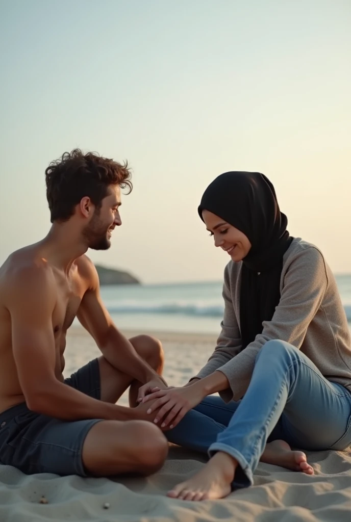 Black headscarf sitting on the beach, woman in jeans, Boyfriend gives foot massage