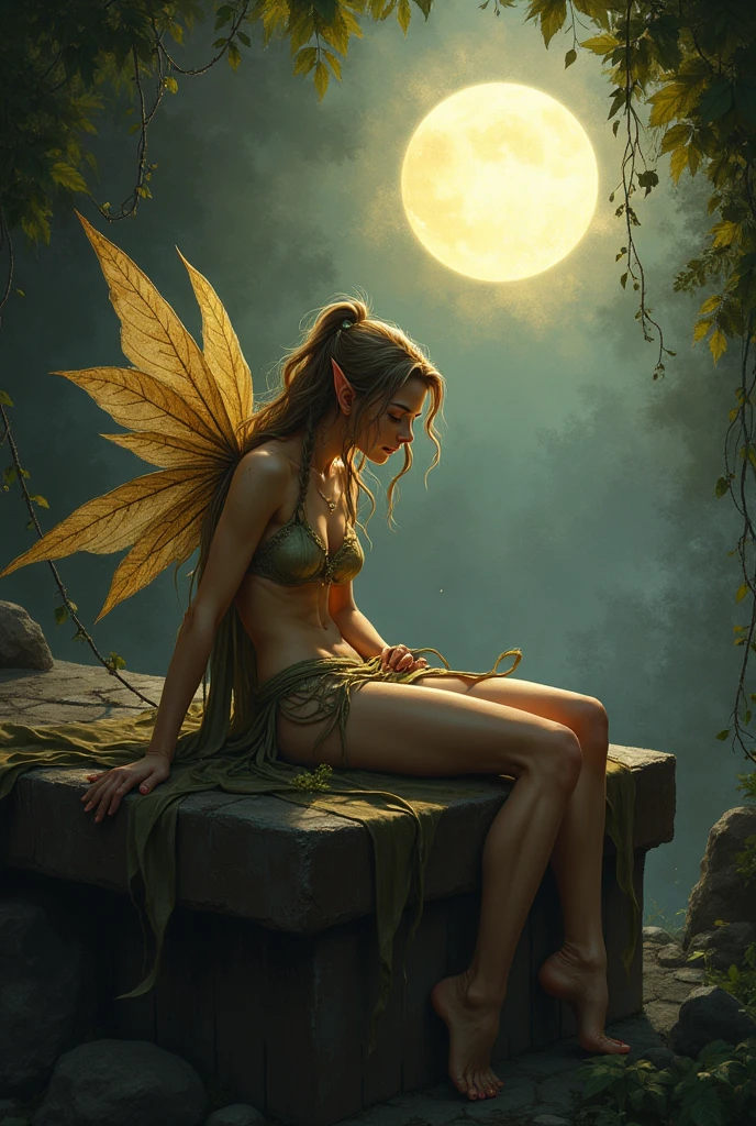 a female Sprite lays on a table looking, in a dark sun fantasy art style