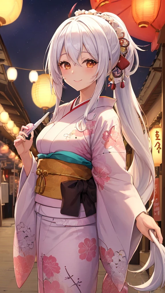 Masterpiece, Best quality, 4K, (an anime-style illustration of a girl at a summer festival, holding cotton candy with a beaming smile), bust-up shot, kimono with intricate patterns, long white hair in a ponytail, bright and cheerful expression, traditional Japanese setting, night scene, festival stalls and lanterns in the background, soft and warm lighting, (vivid colors:1.2), (highly detailed cotton candy:1.4), (white hair:1.3)