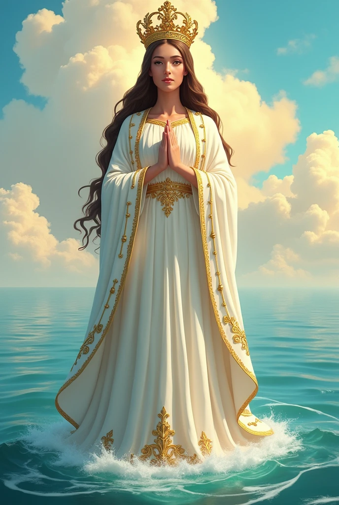 animated illustration, Virgin of the valley of Venezuela , with royal style crown, with brown hair, white dress and lots of gold details on the dress, at sea , with praying hands, in the background the map of Margarita Island