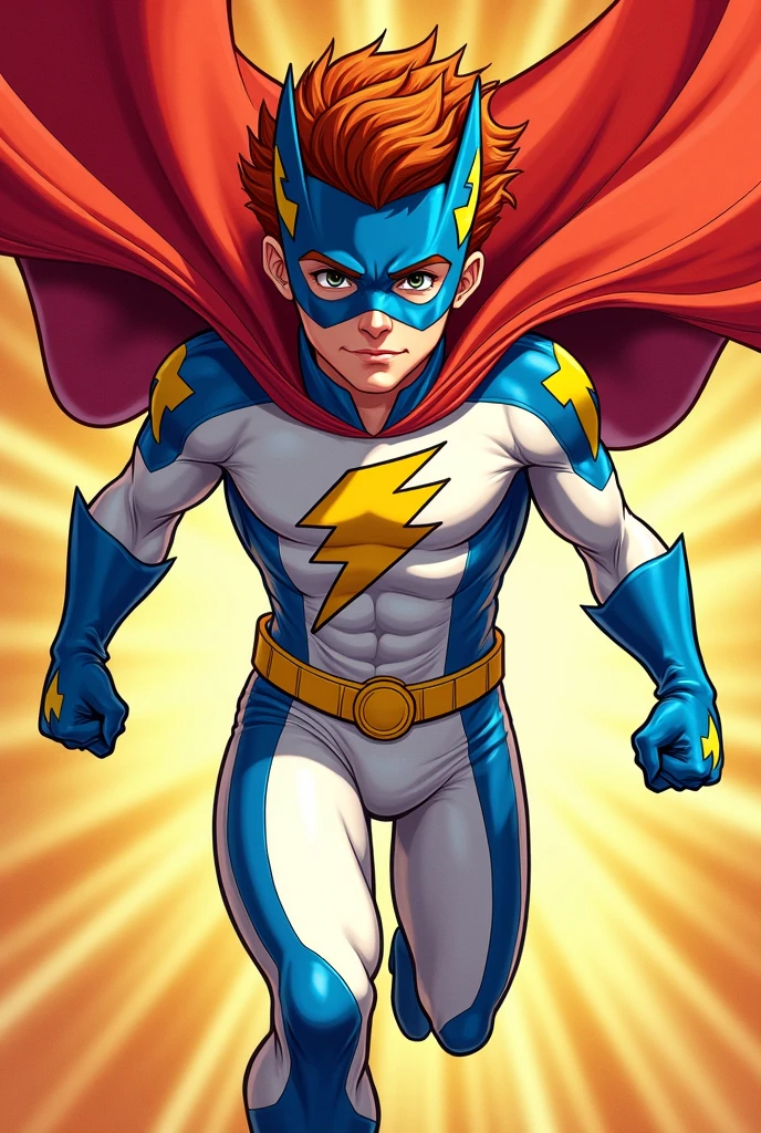 create for me a teenage superhero man in a white costume, blue and yellow details, the red cape and a blue mask that covers the eyes with golden lightning bolt ears as well as the lightning bolt symbol on the chest and fingerless gloves, russet hair, and you are smiling, comic style