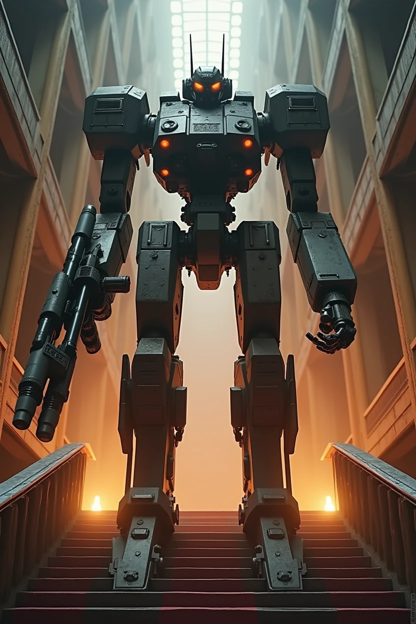 (Artwork:1.2), (best quality:1.2), 8k, HDR, ultra detaild, ((photorrealistic)), professional light, cinematic lighting, fashion shooting, ambient lighting, epic photo, fire, staircase, A war robot, weapons instead of arms , non-humanoid