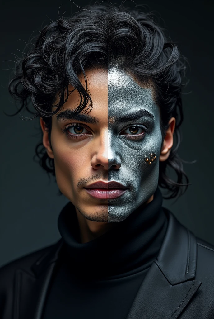 An album cover featuring an stylized portrait of Michael Jackson with half of his face rendered in a sleek, metallic, and futuristic style, while the other half remains organic and human, symbolizing the duality of technology and humanity.