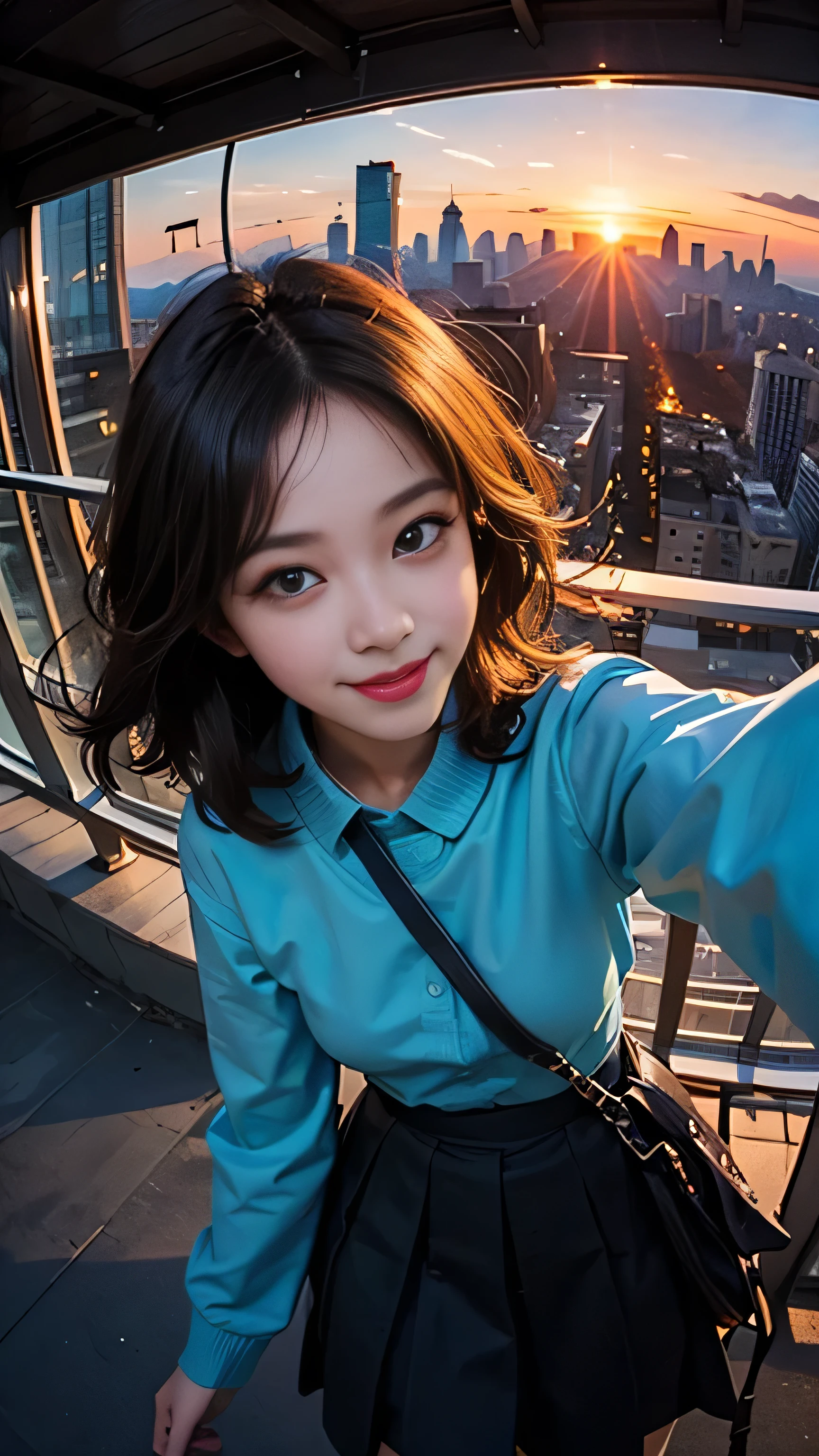 One girl, Korean, Fisheye Lens, Selfie, Wind, Messy Hair, sunset, Cityscape, (Aesthetics and atmosphere:1.2),smile