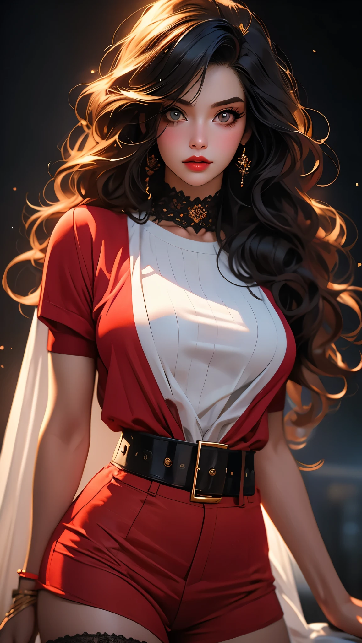 1girl, striped thigh-highs, red and white striped stockings, shorts, black crop top tucked into shorts, belt, long curly hair, beautiful detailed eyes, beautiful detailed lips, extremely detailed face, longeyelashes, medium bust, nipples covered, studio lighting, highly detailed, cinematic lighting, photorealistic, realistic skin texture, dynamic pose, intricate details, warm color palette, glowing skin, hyper detailed, vibrant colors, award winning photography, ethereal, elegant, alluring, portrait