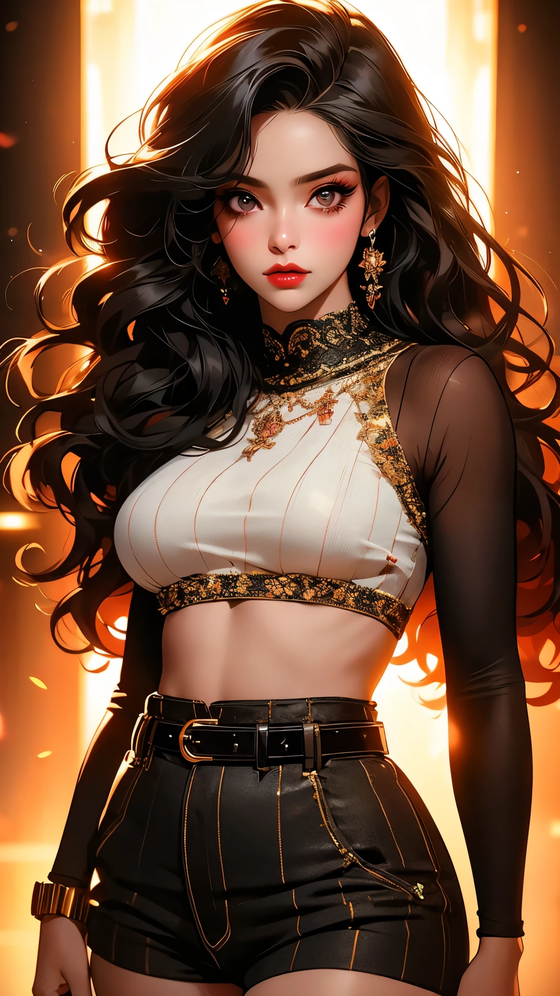 1girl, striped thigh-highs, red and white striped stockings, shorts, black crop top tucked into shorts, belt, long curly hair, beautiful detailed eyes, beautiful detailed lips, extremely detailed face, longeyelashes, medium bust, covered, studio lighting, highly detailed, cinematic lighting, photorealistic, realistic skin texture, dynamic pose, intricate details, warm color palette, glowing skin, hyper detailed, vibrant colors, award winning photography, ethereal, elegant, alluring, portrait