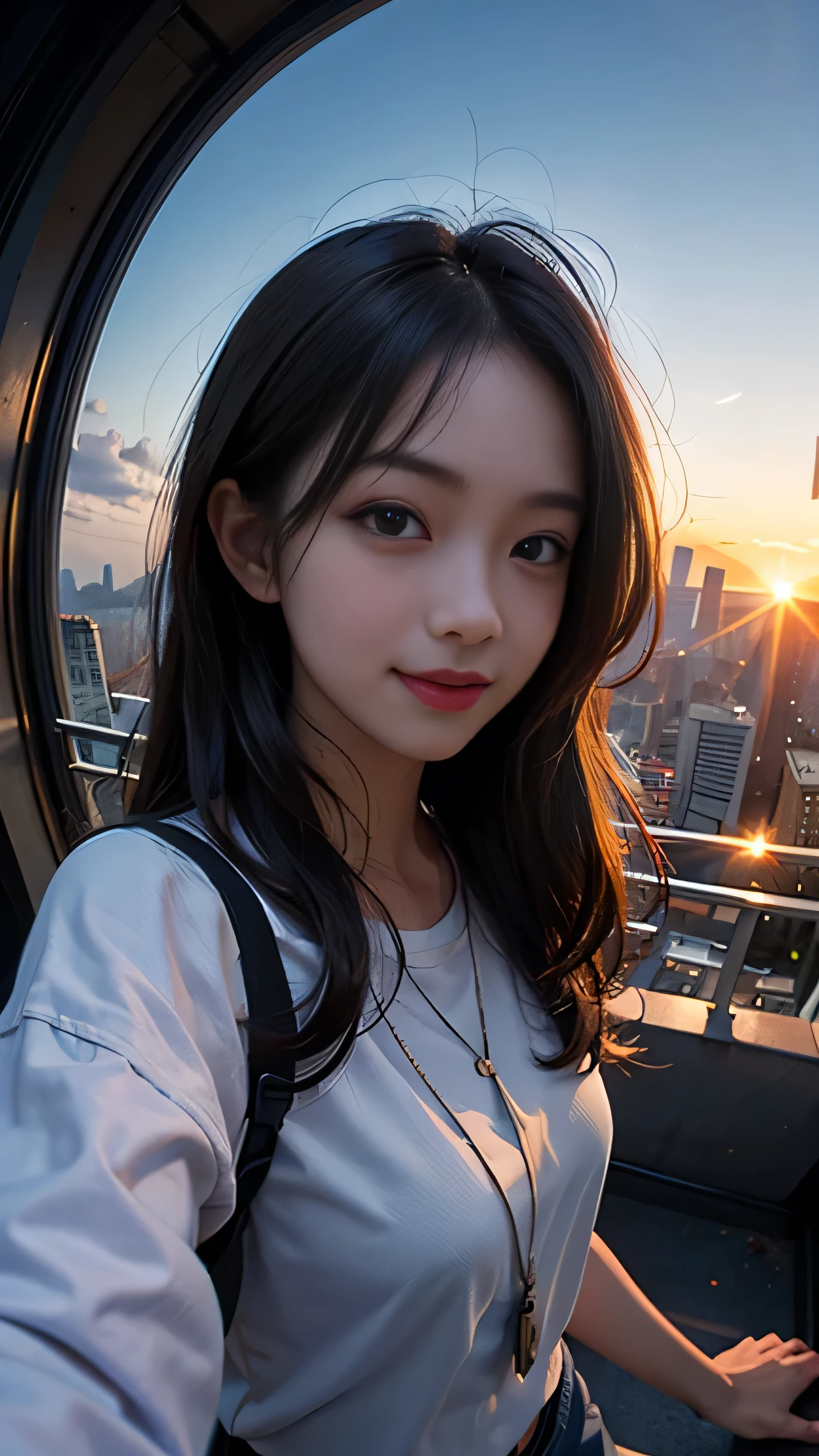 One girl, Korean, Fisheye Lens, Selfie, Wind, Messy Hair, sunset, Cityscape, (Aesthetics and atmosphere:1.2),smile