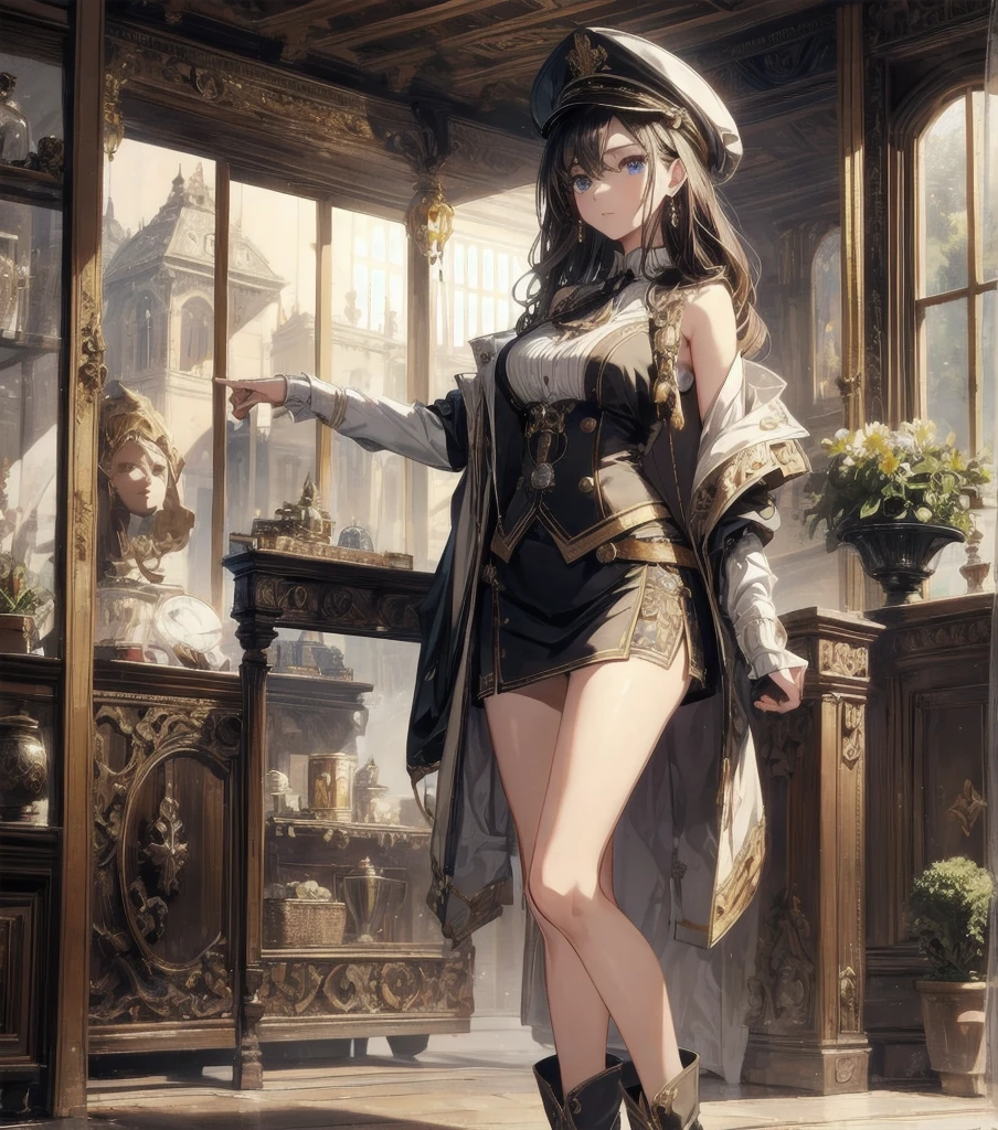 absurdres, RAW photo, extremely delicate and beautiful, masterpiece, Best Quality, ultra high resolution, 32k, hyper realistic, ultra-detailed, Very detailed CG 8k wallpaper, detailed background, landscape, Beautiful Lighting, Perfect Lightning, Realistic Shadows, perfect anatomy, anatomically correct, ideal ratio body proportions, perfect figure, Perfect Style, Perfect balance, super Detailed skin, in her 10s, very Slim body, narrow waist, very small head, very small face, delicate facial features, handsome detailed woman, very detailed eyes and face, realistic face proportions, Realistic beautiful face, Realistic beautiful eyes, tearful mole, earring, full body shot, whole legs, very huge round tits, medium hair, asymmetrical hair, wavy hair, indoor, steampunk fashion, waistcoat, blouse, hat, boots, short skirt, bare shoulder,
