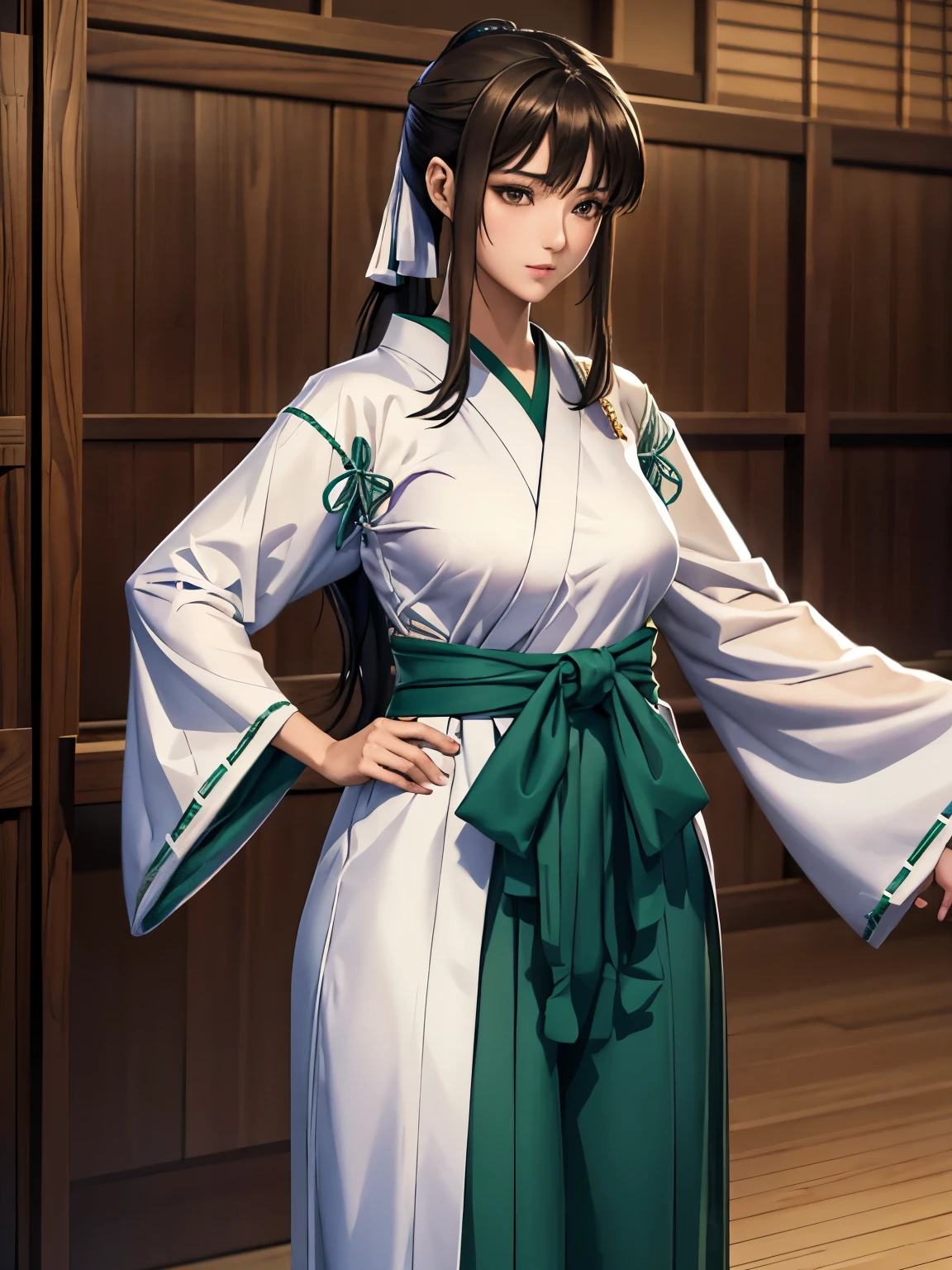 [Core Concept] A portrait of the Shinto priestess Yuri Mariya, dressed in traditional Japanese garments and accessories.

[Character Description] Yuri Mariya is depicted with long, dark hair tied in a low ponytail, accentuated by delicate hair tubes. Her serene expression and elegant features convey a sense of spiritual purity and inner calm.

[Environment/Background] The background is left unspecified, allowing the focus to remain on the subject and her attire.

[Style and Atmosphere] The overall style is realistic and detailed, with a sense of reverence and contemplation surrounding the Shinto priestess.

[Composition] The composition places Yuri Mariya as the central focus, with her traditional Japanese clothing and accessories filling the frame and commanding the viewer's attention.

[Details and Embellishments] Yuri Mariya wears a green hakama, a type of traditional Japanese pleated skirt, along with other traditional Shinto garments. The hair tubes and low-tied hair add subtle elegance and symbolic significance to the image.

[Technical Specifications] The image is a high-resolution, photorealistic digital painting, showcasing the intricate details and textures of Yuri Mariya's attire and appearance.