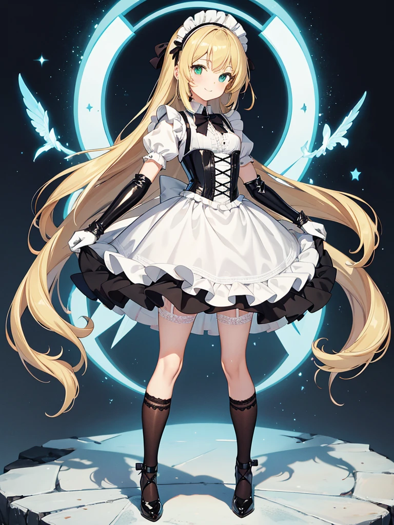 masterpiece, best quality, extremely detailed, anime, 1girl solo girl, 14 year old woman, longhair, blonde, green eyes, french maid, latex, laced corset with black lacing, white underbust, white apron, frill, mini skirt, black layered skirt, white skirt, black garter belt, black stockings, high-heeled shoes, short sleeves, elbow gloves, white gloves, slender, small breast, slightly slimmer thighs, beautiful detailed face and eyes, fearless, smile, standing figure, full body, no background