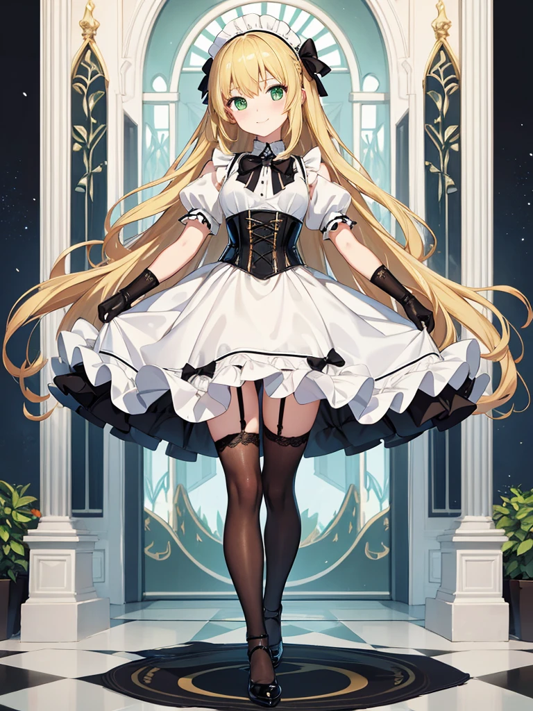 masterpiece, best quality, extremely detailed, anime, 1girl solo girl, 14 year old woman, longhair, blonde, green eyes, french maid, latex, laced corset with black lacing, white underbust, white apron, frill, mini skirt, black layered skirt, white skirt, black garter belt, black stockings, high-heeled shoes, short sleeves, elbow gloves, white gloves, slender, small breast, slightly slimmer thighs, beautiful detailed face and eyes, fearless, smile, standing figure, full body, no background