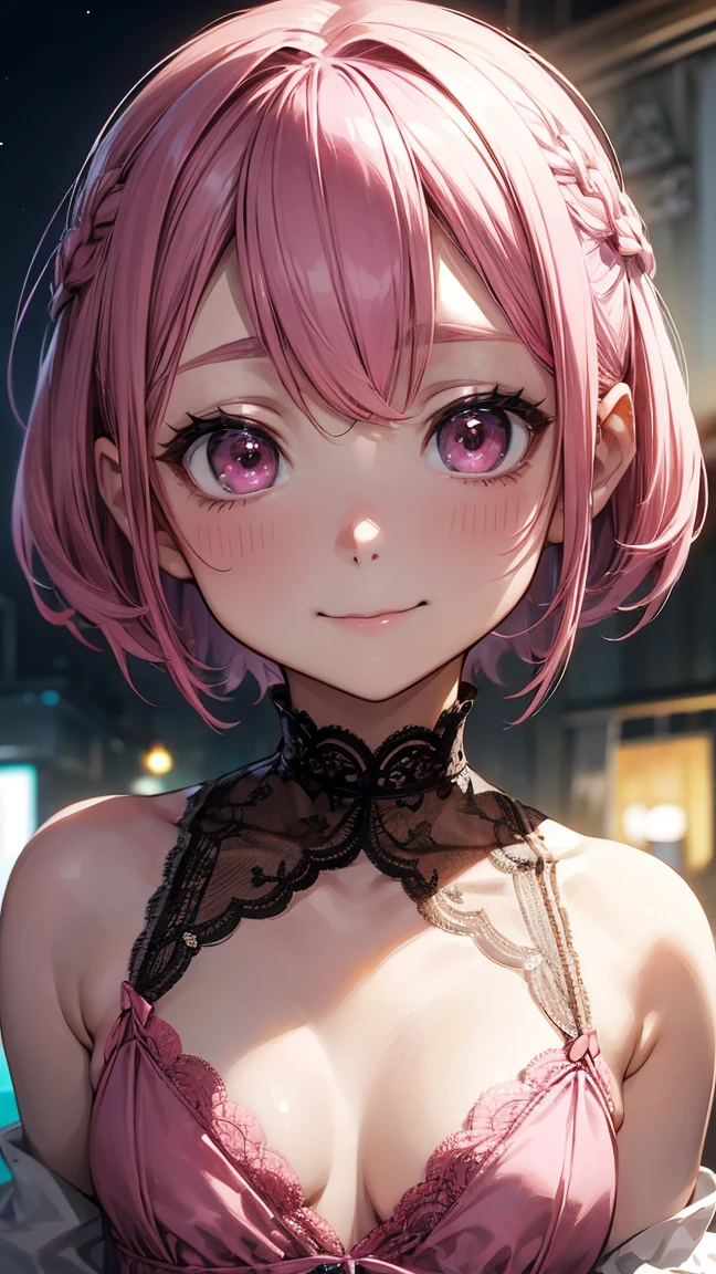 (4K quality:1.3),(Highest quality:1.3),(albino),(Whitening),(:1.3),rich,Upper Body,smile,Overflowing breasts,(jewelry),Captivate a man,(Con Cafe:1.5),(Celebrities:1.4),(thin:1.2),(Tight waist:1.4,(Night viewの良いホテル:1.1),(luxury:1.2),(Arisa Hanyu:1.5),(anorexia:1.4),(Night view:1.3),(Close up on face:1.2),Catchlight,(Child face:1.6),(smile:1.1),(Lori:1.5),(Pink Hair:1.6),(Short Hair),(Deep pink eyes:1.4),(2D cuteness:1.5),(Cute Makeup),Beautiful fingertips,Black lace collar,(Young:1.1),(Short stature girls:1.2),(Lace Mask:1.3)