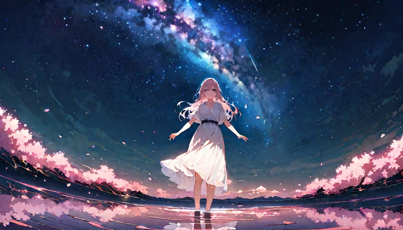 （（Highest quality））， （（masterpiece））， （（Ultra Wide Angle）），night,woman、，Standing on a salt lake，The water surface is like a mirror，Reflecting the sky。Look at the sky，The Milky Way is in the sky,cherry blossoms,cherry blossoms並木,ピンクのcherry blossoms