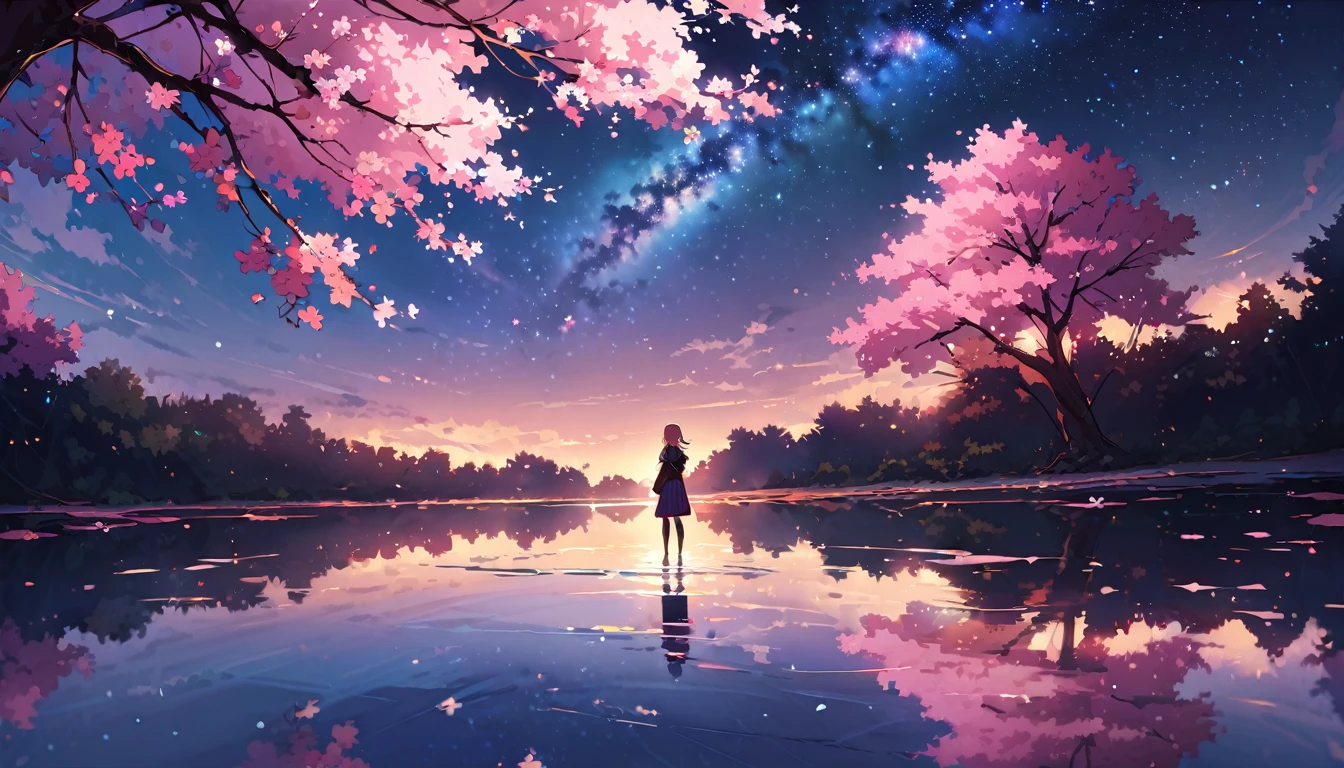 ((Highest quality)), ((masterpiece)), ((Ultra Wide Angle)),night,woman、,Standing on a salt lake,The water surface is like a mirror,Reflecting the sky。Look at the sky,The Milky Way is in the sky,cherry blossoms,cherry blossoms並木,ピンクのcherry blossoms