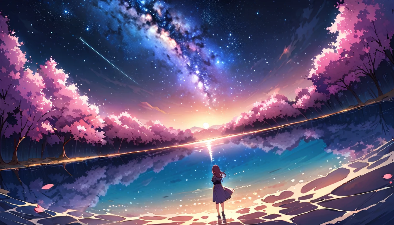 ((Highest quality)), ((masterpiece)), ((Ultra Wide Angle)),night,woman、,Standing on a salt lake,The water surface is like a mirror,Reflecting the sky。Look at the sky,The Milky Way is in the sky,cherry blossoms,cherry blossoms並木,ピンクのcherry blossoms
