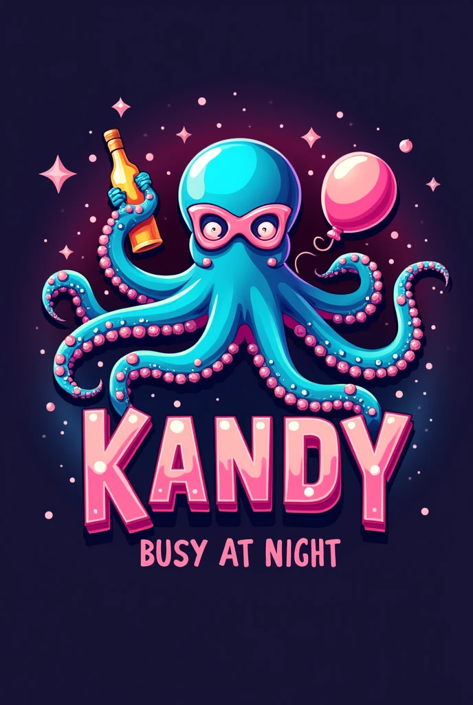 I need to generate a logo, where the main name is KANDY, It has to have an octopus on the letter K that is holding a balloon and a bottle and that has a pink mask and the rest has to be colorful. It is for a company that is busy at night., 