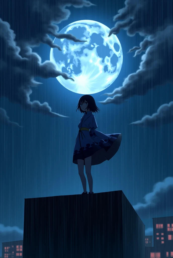 create an image of an adult anime girl on top of a building, with a melancholic expression on her face, short hair hiding her eyes and an akatsuki uniform, but with blue clouds instead of red, under the heavy rain and a full moon with several clouds around