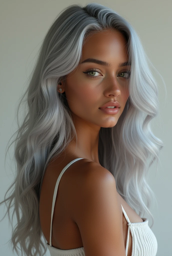 Make me a full body girl, with bright silver hair and brown skin