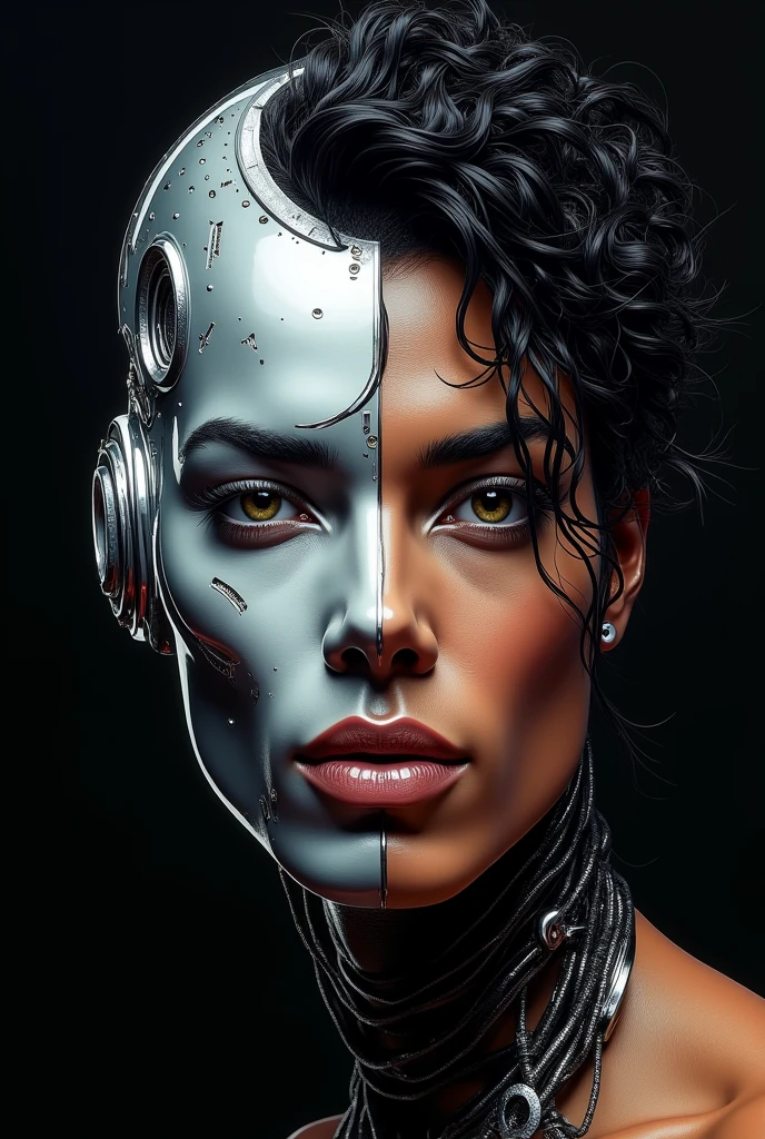An album cover featuring an stylized portrait of Michael  Jackson with half of his face rendered in a sleek, metallic, and futuristic style, while the other half remains organic and human, symbolizing the duality of technology and humanity.